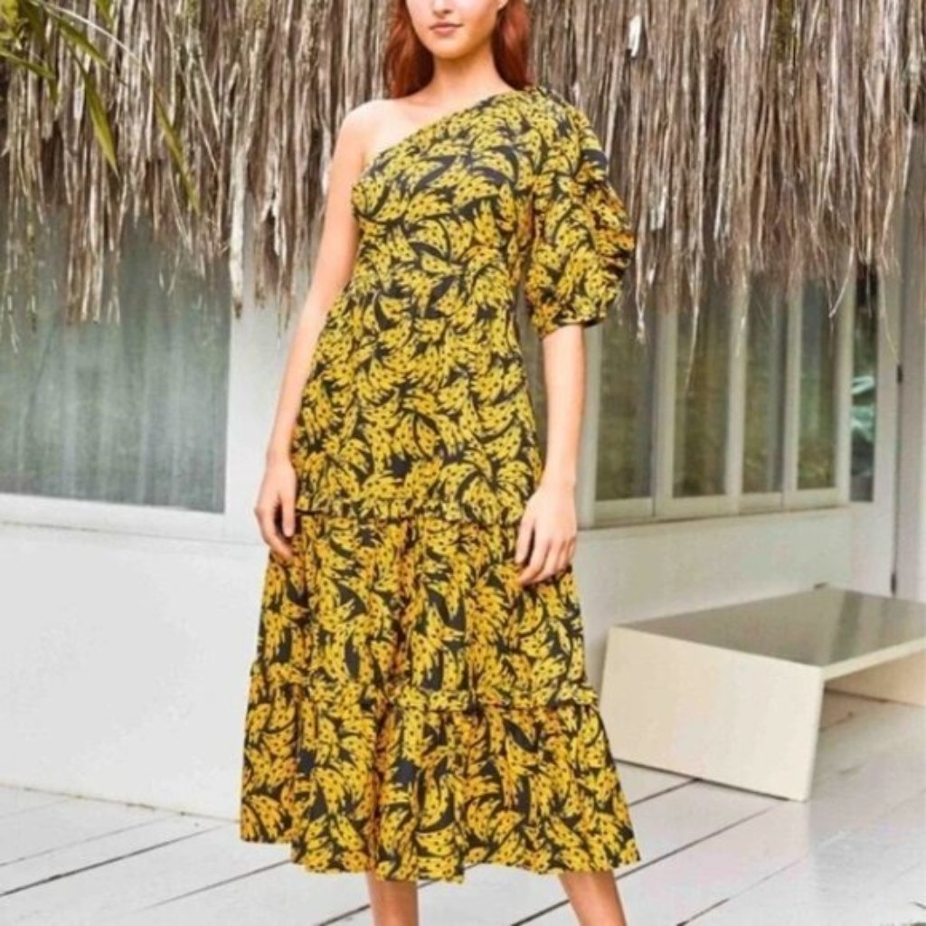 Farm Rio Black & Yellow Spotted Midi Dress One Shoulder “Black Spotted Bananas”